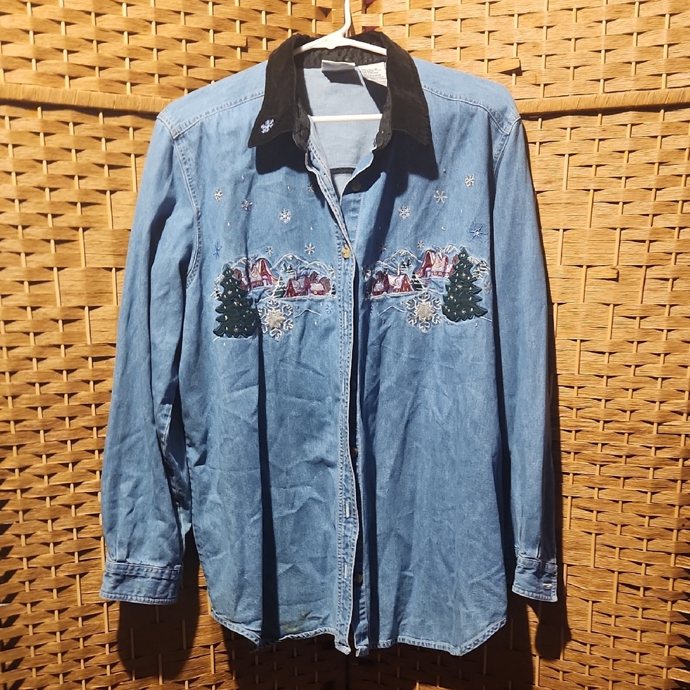 Bobbie Brooks, Women's, Christmas, Holiday, Blue Denim Embroided Shirt